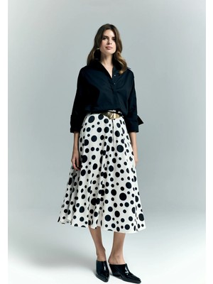 Sateen Puantiye Desenli Kloş Etek - Ekru