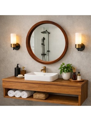 Aypars Atölye 20X20 cm El Yapımı Masif Ahşap Çerçeveli Yuvarlak Ayna – Modern Iskandinav Tarzı Duvar Aynası (Kestane)