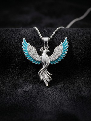 Roza Silver 925 Ayar Gümüş Zümrüdüanka Kuşu Kolye - Rodyum Kaplama Turkuaz Mineli Kadın Kolye