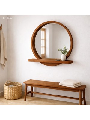 Aypars Atölye 30X30 cm Raflı Masif Kayın Ağacı Yuvarlak Ayna – Iskandinav Tarzı Antre ve Banyo Aynası (Tik)