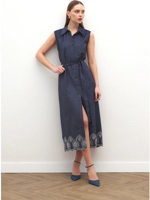 Sateen Nakış Detaylı Uzun Elbise - Lacivert