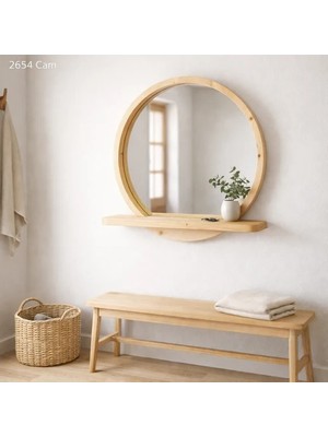 Aypars Atölye 20X20 cm Raflı Masif Kayın Ağacı Yuvarlak Ayna – Iskandinav Tarzı Antre ve Banyo Aynası (Çam)