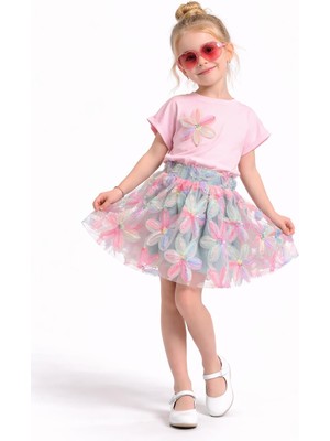 Bambam Kız Çocuk Çiçek Aplikeli Pudra Tişört & Renkli Tül Etek Takım – Şık Yazlık Kombin 2536
