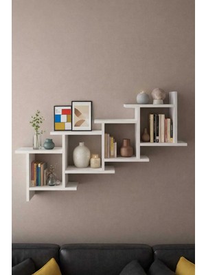 Çamsan Rafixa Beyaz MDF Kademeli Çapraz Duvar Rafı - Modern Kitaplık ve Dekoratif Obje Standı