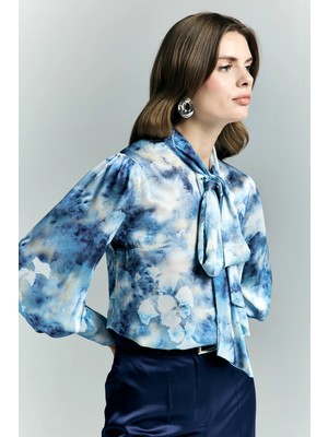 Sateen Desenli Fularlı Gömlek - Mavi