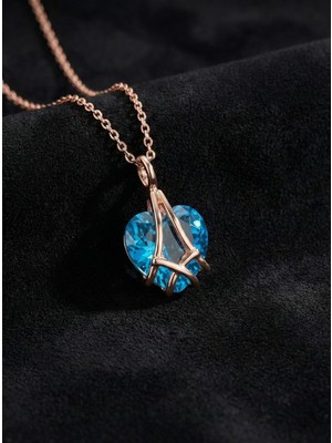 Roza Silver 925 Ayar Gümüş Rose Renk Akuamarin Taşlı Kafes Kalp Arkadaşlık Kolyesi