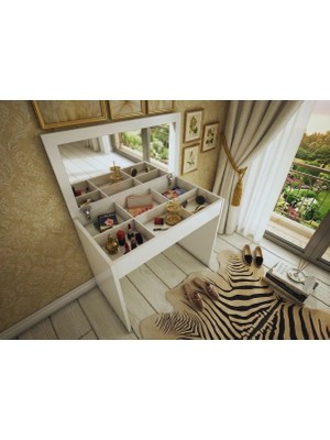 Bicabin Arya Miranda Aynalı Kapaklı Organizer Çekmeceli Makyaj Masası -Beyaz