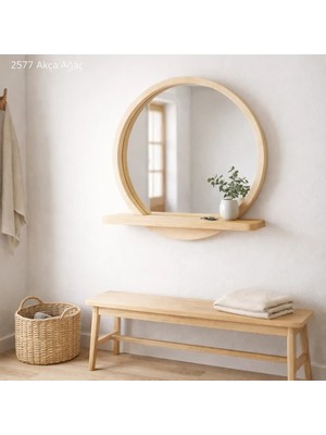 Aypars Atölye 20X20 cm Raflı Masif Kayın Ağacı Yuvarlak Ayna – Iskandinav Tarzı Antre ve Banyo Aynası (Akça Ağaç)