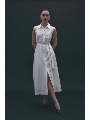 Sateen Nakış Detaylı Uzun Elbise - Ekru