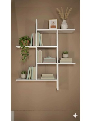 Çamsan Rafixa Beyaz MDF Asimetrik Duvar Rafı - Modern Kitaplık ve Dekoratif Obje Sergileme Standı