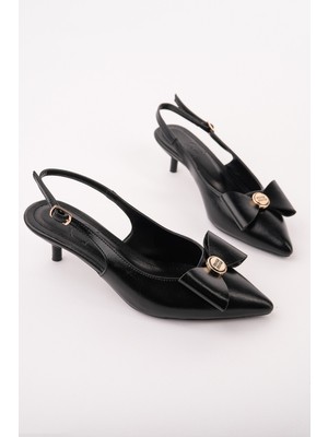 Muggo Loresta Fiyonklu Gold Detaylı Sivri Burun Arkası Açık Kadın Topuklu Ayakkabı