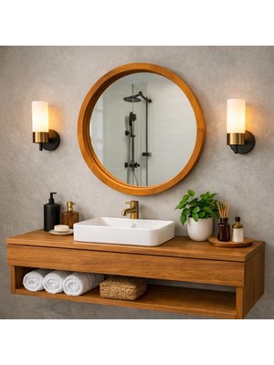 Aypars Atölye 20X20 cm El Yapımı Masif Ahşap Çerçeveli Yuvarlak Ayna – Modern Iskandinav Tarzı Duvar Aynası (Tik)