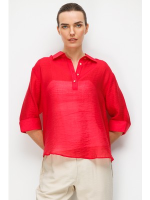 Desen Triko Kadın Yakası Düğmeli Truvakar Kollu Gömlek Kırmızı