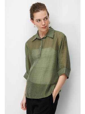 Desen Triko Kadın Yakası Düğmeli Truvakar Kollu Gömlek Haki