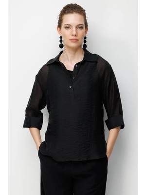 Desen Triko Kadın Yakası Düğmeli Truvakar Kollu Gömlek Siyah