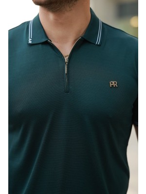 Janes Erkek Yaka ve Kolları Çizgi Detaylı Fermuar Yakalı Kısa Kollu Tişört