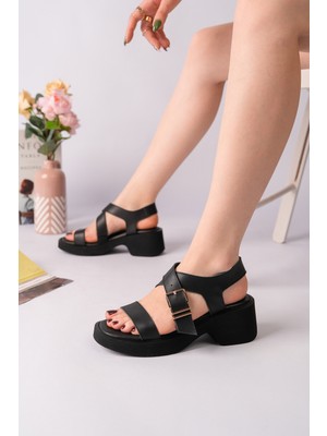 Sy Leather Best Model Hakiki Deri Bantlı Tokalı Kalın Taban Kadın Günlük Sandalet