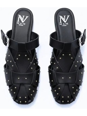Ne&Ve Shoes Hakiki Deri Pim Detaylı ve Tokalı Kadın Kare Burun Sabo Terlik