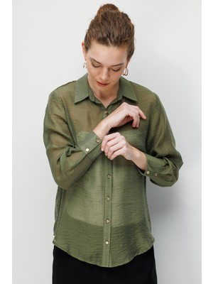 Desen Triko Kadın Yakası Düğmeli Uzun Kollu Gömlek Haki