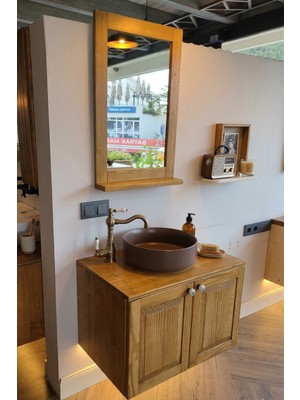 Adn Dizayn 70CM Masif Doğal Ahşap Banyo Dolabı Seti - Su Geçirmez Cilalı & 90CM Aynalı Set (Montajlı)