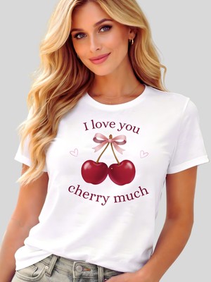 spldizayn Kiraz Desenli Pamuklu Bisiklet Yaka Beyaz Kadın Tişört