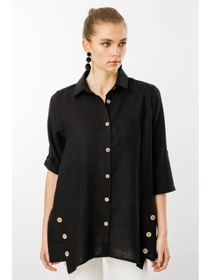 Desen Triko Kadın Truvakar Kol Keten Gömlek Siyah