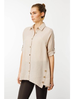 Desen Triko Kadın Truvakar Kol Keten Gömlek Bej