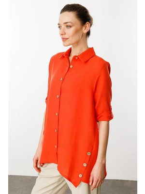 Desen Triko Kadın Truvakar Kol Keten Gömlek Mercan