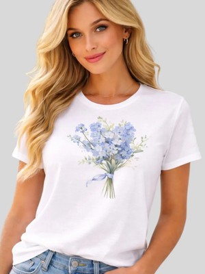 spldizayn Çiçek Desenli Pamuklu Bisiklet Yaka Beyaz Kadın Tişört