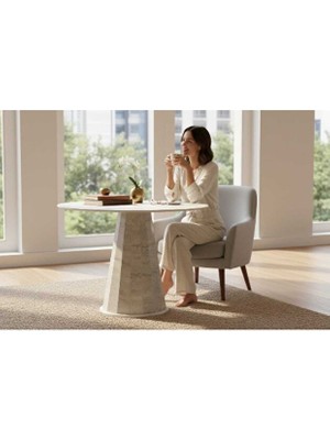 Vetrowood Defne Traverten Yuvarlak Masa 110 cm Sabit Modern Mutfak Yemek Masası