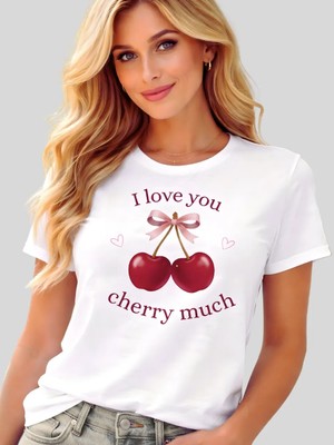 spldizayn Kiraz Desenli Pamuklu Bisiklet Yaka Beyaz Kadın Tişört