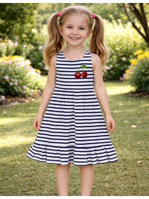 Organickid Blossom Kız Çocuk Mavi Çizgili Fırfırlı Elbise