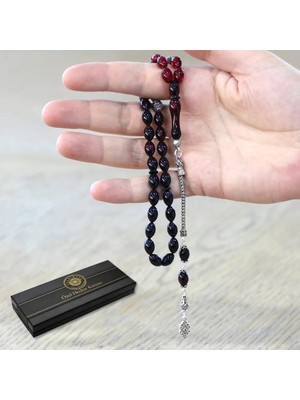 Tesbihane 925 Ayar Gümüş Püsküllü Arpa Kesim Gümüş Isim Yazılı Kırmızı-Siyah Ateş Kehribar Tesbih