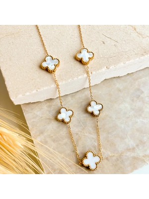Chic&Shine Accessories Çelik Beş Yoncalı Kolye - Gold Renk - Beyaz Mineli