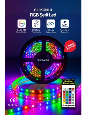 Sprange 5 Metre Rgb Şerit LED 16 Renkli Kumandalı | 4 Modlu Ayarlanabilir Işık | 5V USB Silikon Neon LED