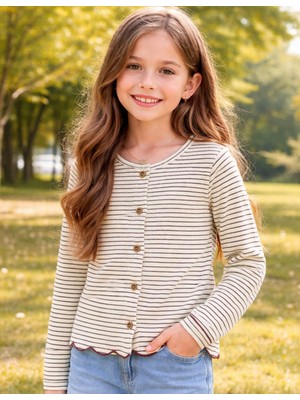 Organickid Cranberry Kız Çocuk Ekru Bordo Çizgili Hırka