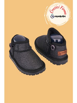 Mumenim Aurora Kız Çocuk ve Bebek Simli Siyah Bot - Ortopedik Kaymaz Taban Sıcak Tutan Rahat Kışlık Kar Botu