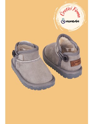 Mumenim Kodiaq Unisex Çocuk Bebek Botu Ortopedik Kaymaz Taban Içi Kürklü Süet Kışlık Kar Botu Gri