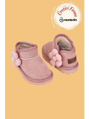Mumenim Minto Kız Çocuk ve Bebek Pembe Bot - Süet Ortopedik Kaymaz Taban Kışlık Kar Botu Kürklü Çiçek Figür