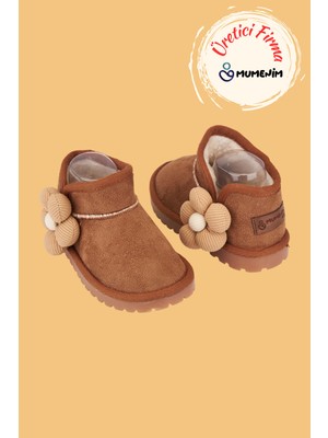 Mumenim Minto Kız Çocuk ve Bebek Taba Bot - Süet Ortopedik Kaymaz Taban Kışlık Kar Botu Kürklü Çiçek Figürlü