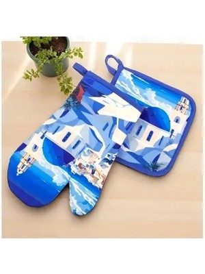 Home Mavi Ada Temalı Fırın Eldiveni ve Tutacak Seti – 2 Parça, Pamuklu, Isıya Dayanıklı, Hediyelik