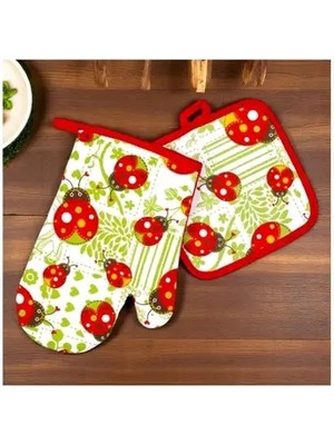 Home Uğur Böceği Desenli Fırın Eldiveni ve Tutacak Seti - 2 Parça, Pamuklu, Isıya Dayanıklı, Hediyelik