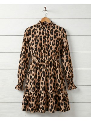 Munn Collection Kadın Uzun Kollu Yarı Balıkçı Yaka Leopar Desenli Modal Mini Elbise