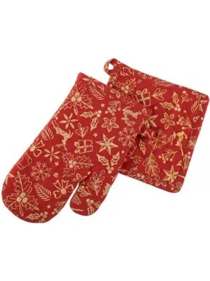 Home Yılbaşı Özel Yaldızlı Süsler Temalı Hediyelik Fırın Eldiveni Seti Kırmızı 35X40 cm