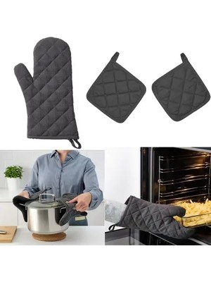 IKEA Fırın Eldiveni ve Tutacak Takımı Eldiven Uzunluk: 33 cm Tutacak 21X21 cm Içi Keçeli Koyu Gri Renk