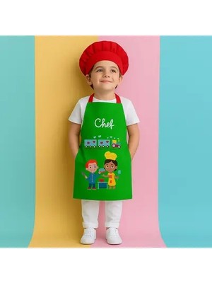Ays Home Yeşil Tren Desenli Anaokulu Etkinlik Önlüğü (Şapka ve Önlük Set)