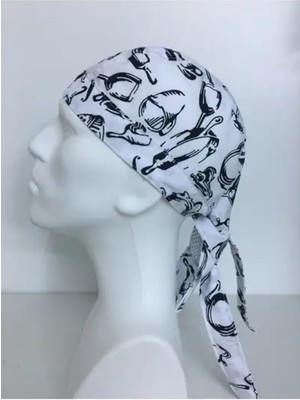 Adalılar İş Elbiseleri Aşçı Kep Şapka Bandana (Beyaz Mutfak Desenli)