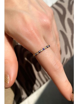 Spossy Silver Jewelry Lacivert Mineli Taşlı Tam Tur Ince Yüzük
