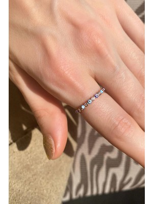 Spossy Silver Jewelry Lacivert-Mavi Mineli Taşlı Tam Tur Ince Yüzük