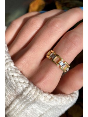 Spossy Silver Jewelry Baget Taşlı Zincir Yüzük